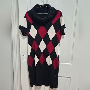 Stylish Argyle Sweater Dress - Black, Red, and White